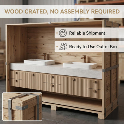 60''-96'' Double Bathroom Vanity with Sink Modern Floating Slatted Front Panels Open Shelf