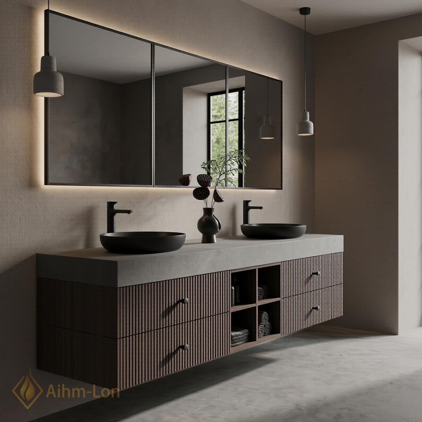 60''-96'' Double Bathroom Vanity with Sink Modern Dark Walnut Slatted Center Panel