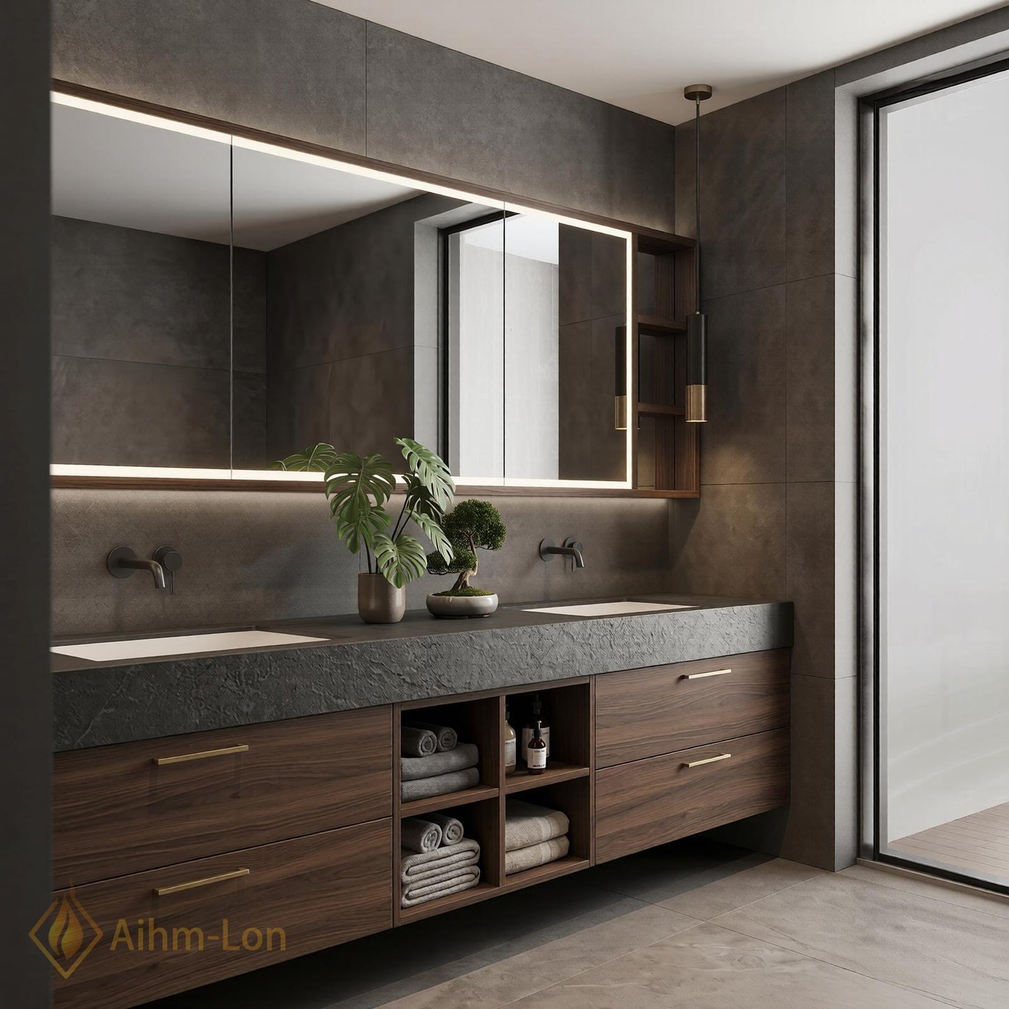 60''-96'' Double Bathroom Vanity with Sink Elegant Dark Walnut Open Shelf Organization