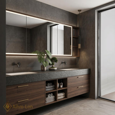 60''-96'' Double Bathroom Vanity with Sink Elegant Dark Walnut Open Shelf Organization