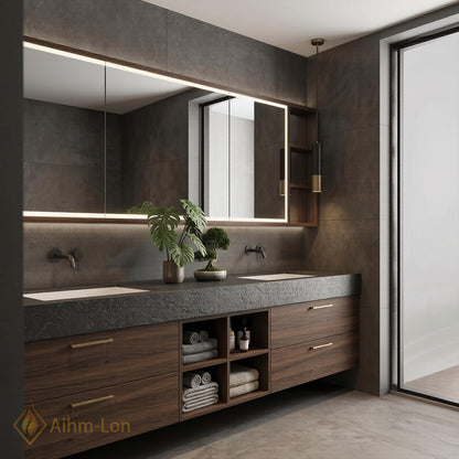 60''-96'' Double Bathroom Vanity with Sink Elegant Dark Walnut Open Shelf Organization