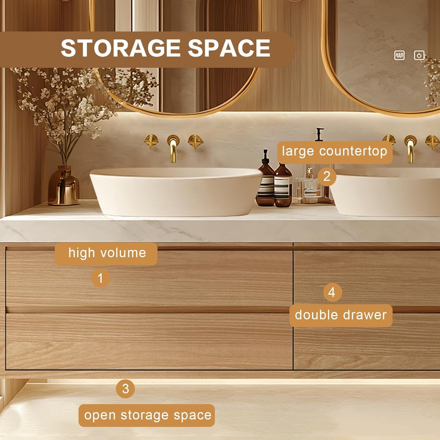 72"Floating Bathroom Vanity with Double Sinks Includes Irregular Mirrors