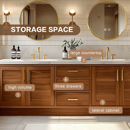 80"Retro Bathroom Vanity with Double Sinks Includes Round Mirror