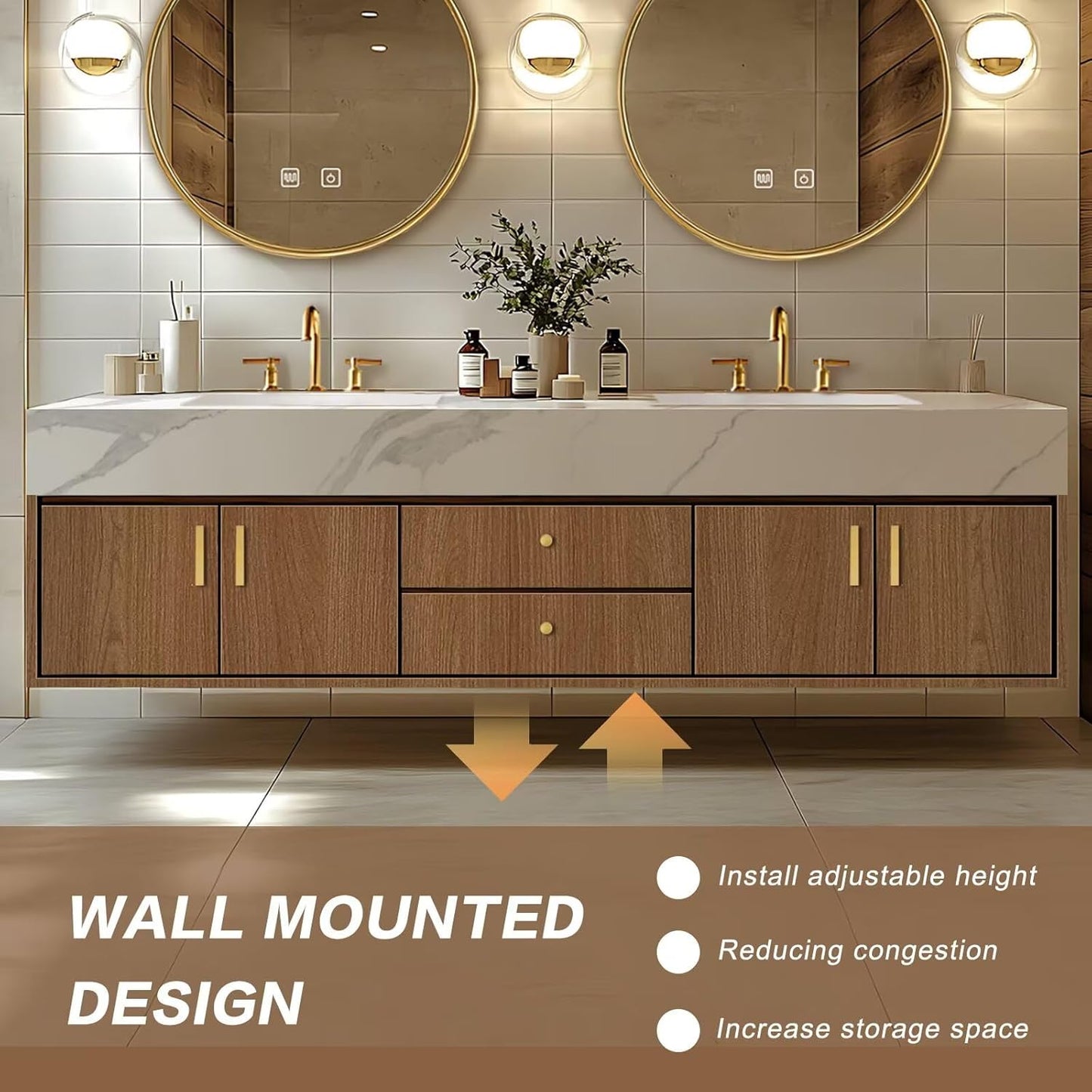 72"Floating Bathroom Vanity with Double Sinks Includes Natural Wood Texture Cabinets