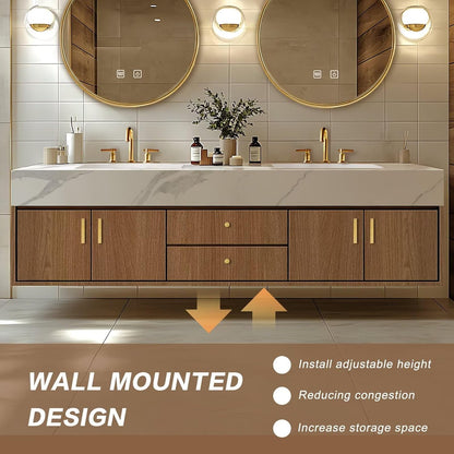 72"Floating Bathroom Vanity with Double Sinks Includes Natural Wood Texture Cabinets