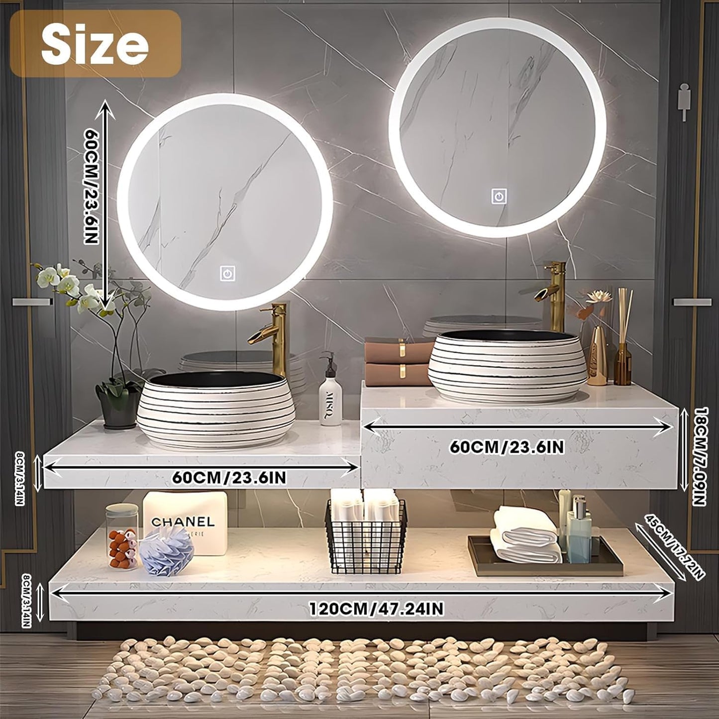 48"Double Basin Floating Bathroom Vanity Marble Countertop