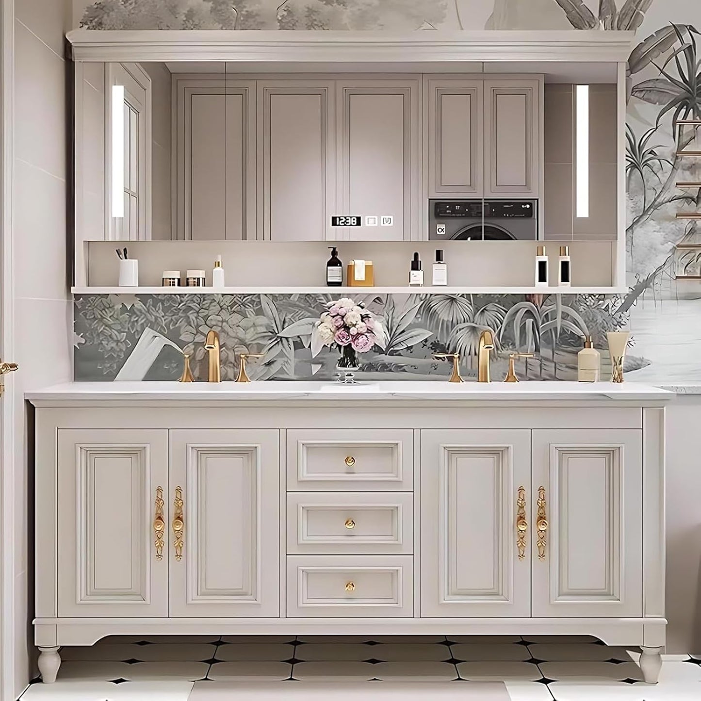 60"-96"Retro Bathroom Vanity with Double Sinks Include American Country Style & Mirror