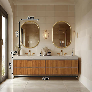 68"Floating Bathroom Vanity with Double Sinks Includes Symmetrical Cabinet