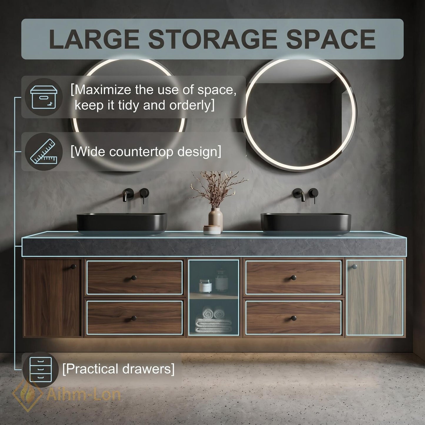60''-96'' Double Bathroom Vanity with Sink Warm-Walnut Wood Modern Floating Grain