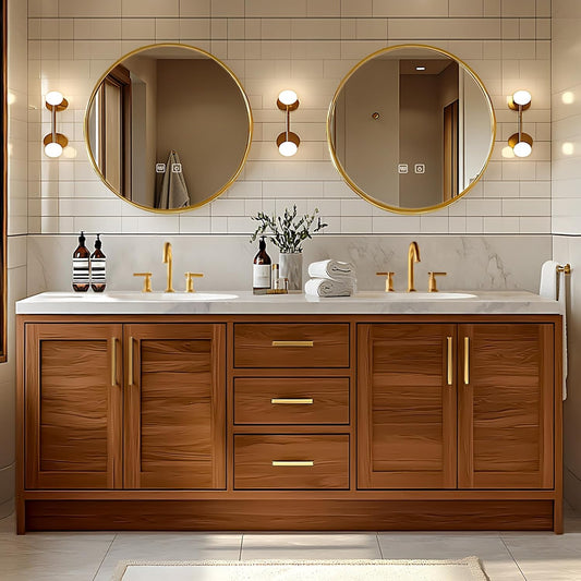 80"Retro Bathroom Vanity with Double Sinks Includes Round Mirror