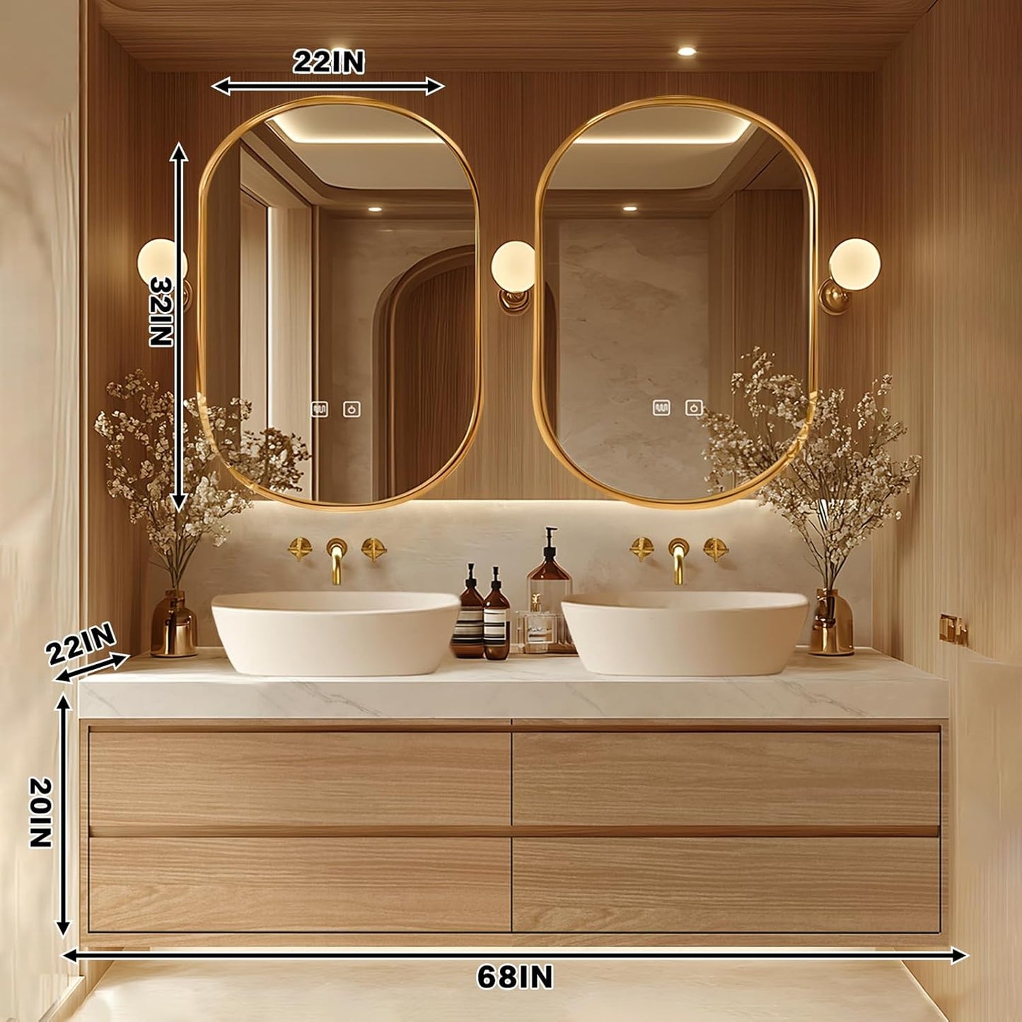 68"Floating Bathroom Vanity with Double Sinks Includes Irregular Mirrors