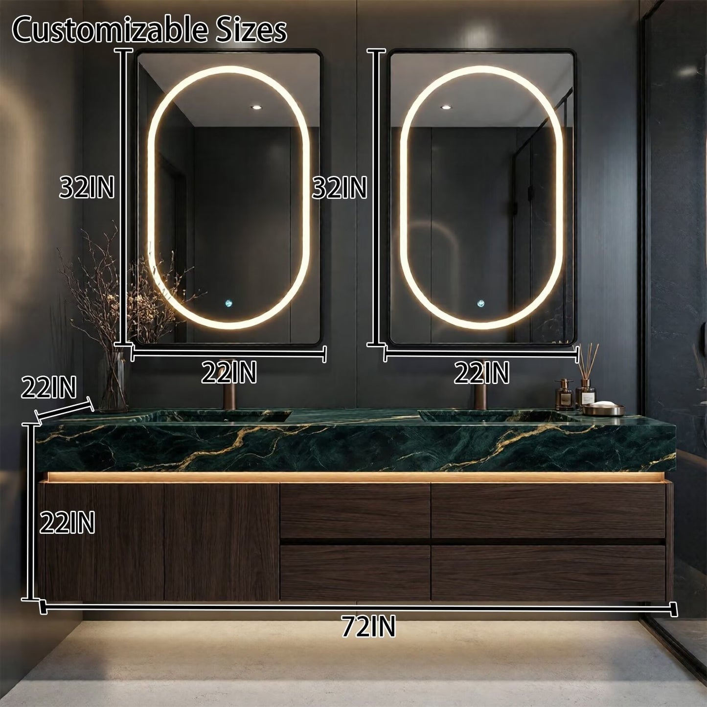 60"-96" Floating Bathroom Vanities with Double Sink Luxury Vanitys Cabinet with Smart Anti-Fog Mirror
