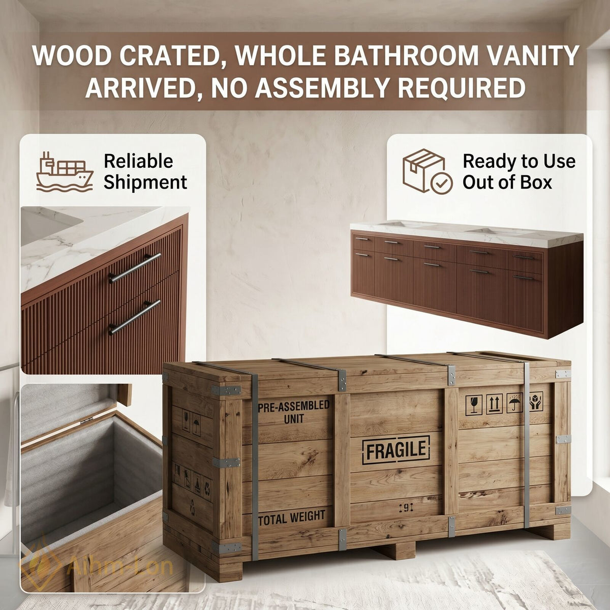 78''-96'' Double Bathroom Vanity with Sink Ribbed Wood Front Paneling Floating Storage