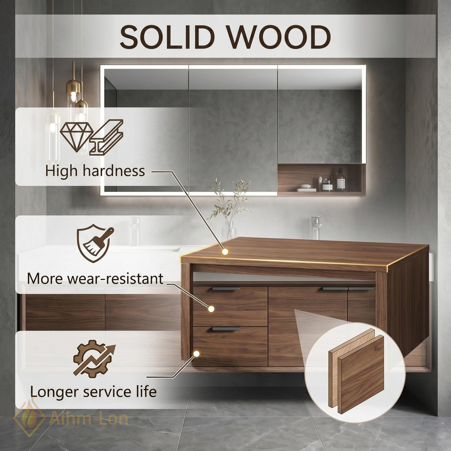70''-96'' Modern Double Bathroom Vanity with Sink Floating Warm Walnut Open Shelving
