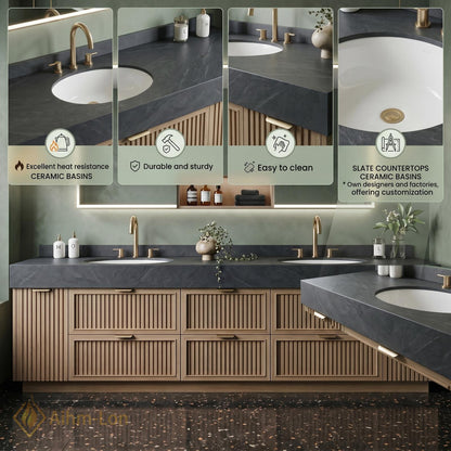 60''-96'' Double Bathroom Vanity with Sink Slatted Dark Stone Top Spacious Storage