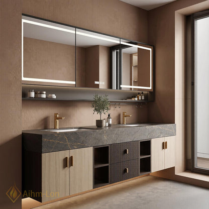 60''-96'' Double Bathroom Vanity with Sink Modern Floating Dark Marble Slatted Panel