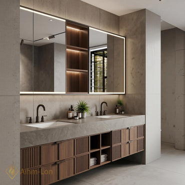 60''-96'' Double Bathroom Vanity with Sink Modern Slatted Panel Doors Stone Top