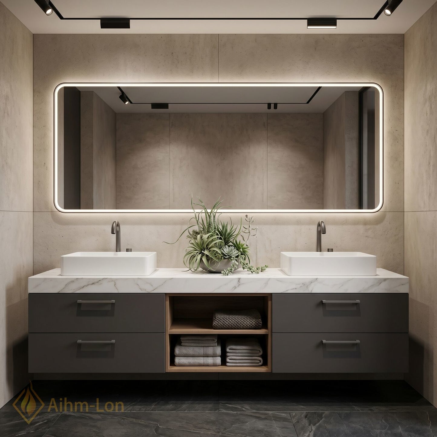 60''-96'' Double Bathroom Vanity with Sink Floating Base White Marble Top Open