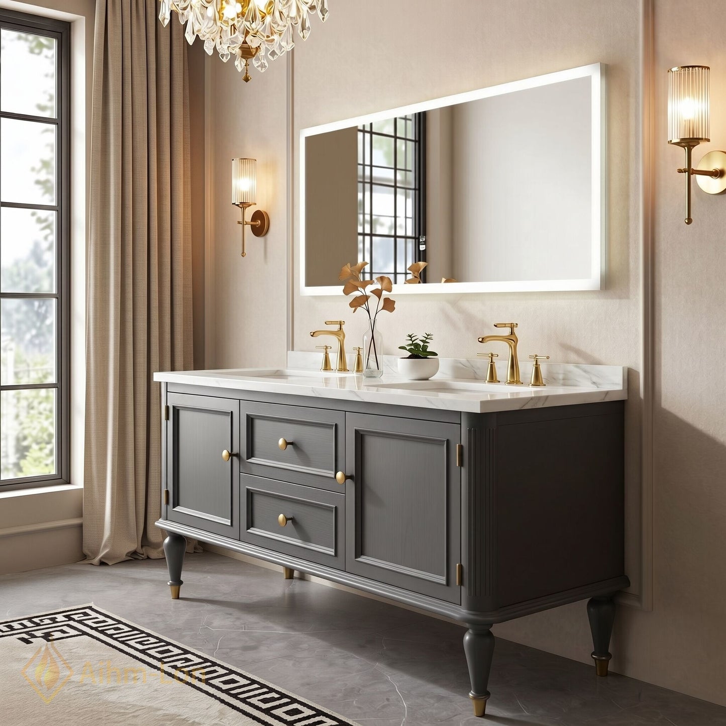 60''-96'' Double Bathroom Vanity with Sink Marble Top Drawers Cabinet Frameless Mirror