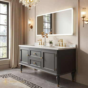 60''-96'' Double Bathroom Vanity with Sink Marble Top Drawers Cabinet Frameless Mirror