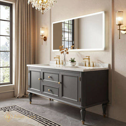 60''-96'' Double Bathroom Vanity with Sink Marble Top Drawers Cabinet Frameless Mirror