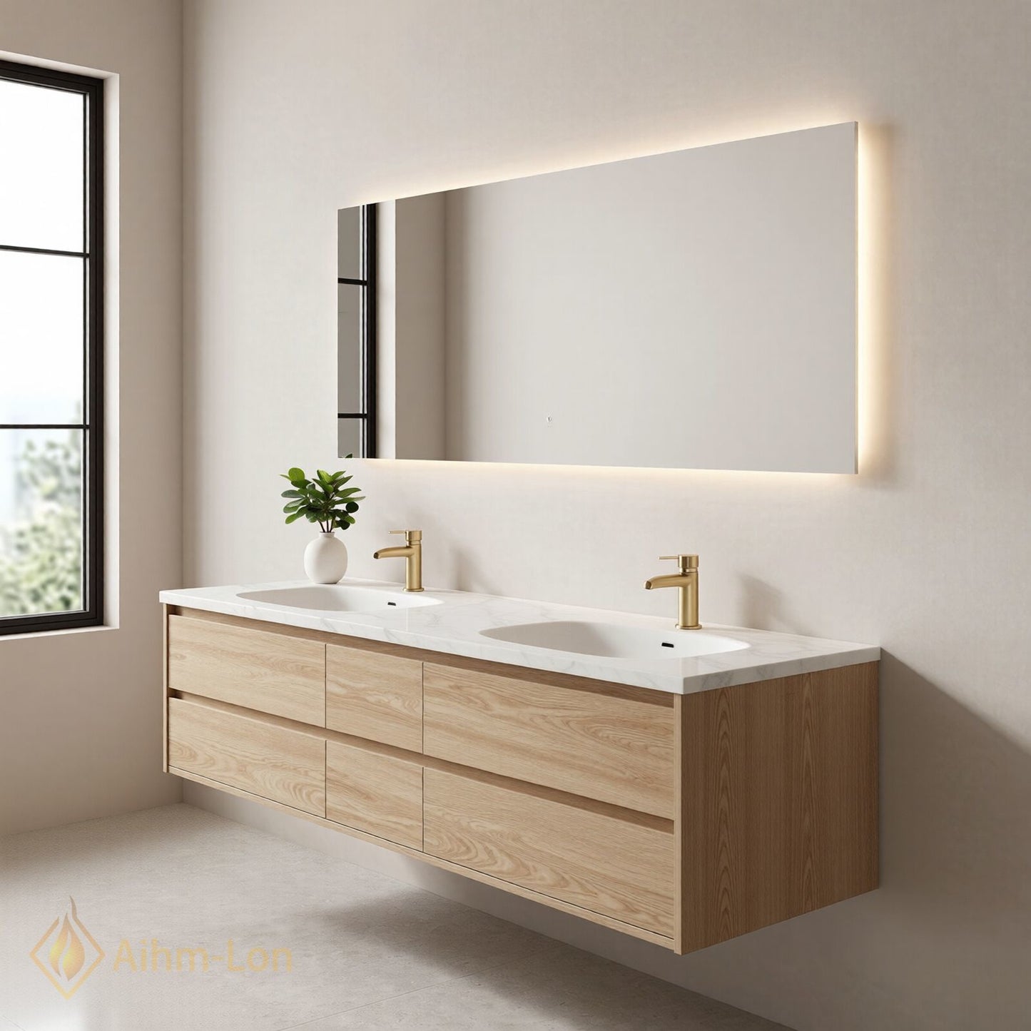 60''-96'' Modern Bathroom Vanity with Sink Marble Floating Wooden Grain Lighted Mirror