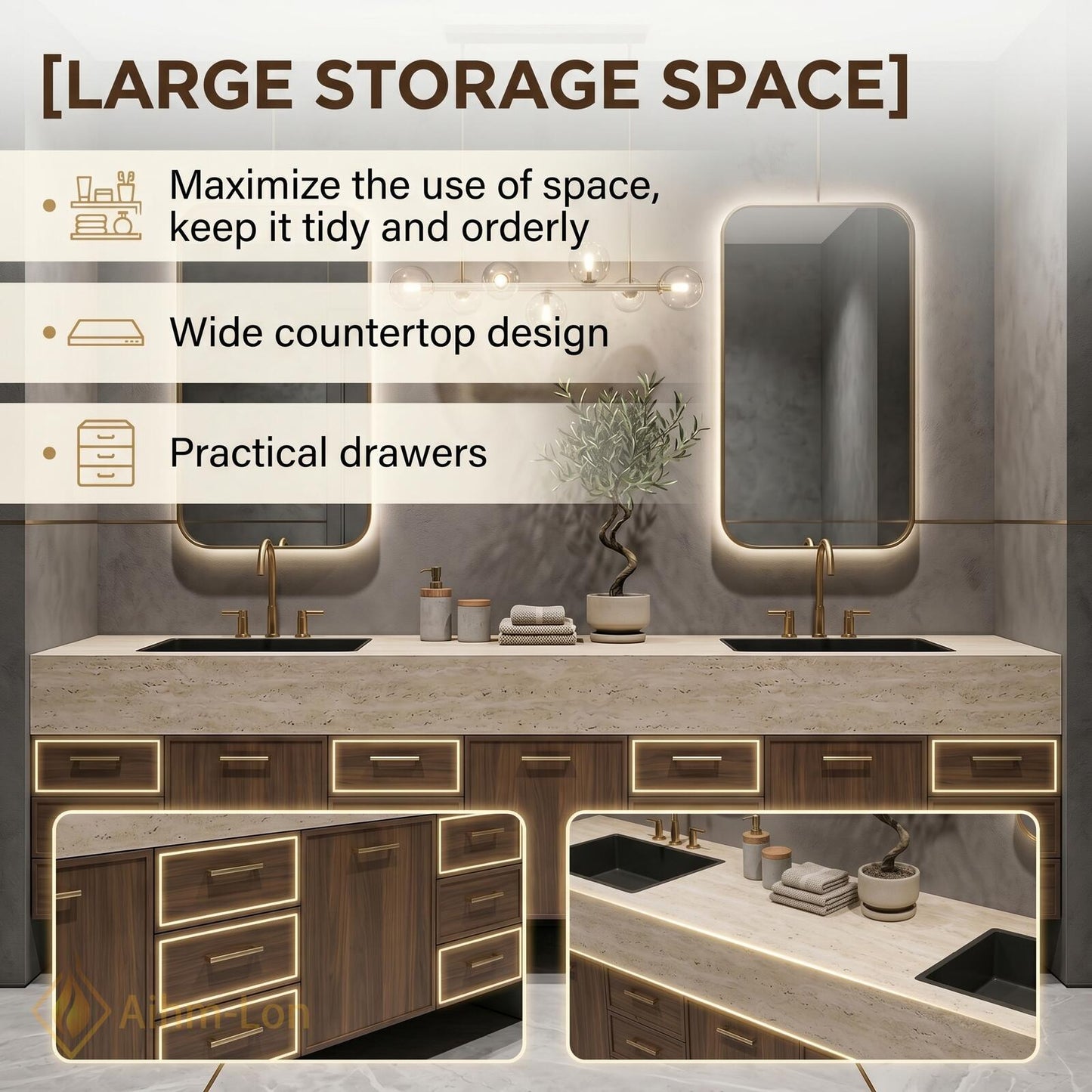 70''-96'' Double Bathroom Vanity with Sink Dark-Walnut Modern Floating Slatted Center