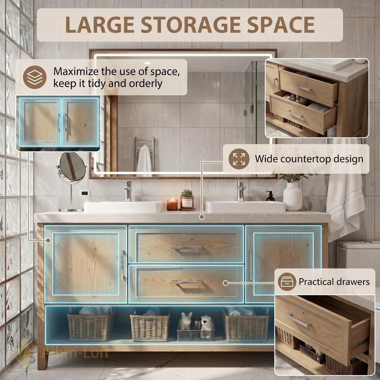 60''-96'' Modern Bathroom Vanity with Sink Farmhouse Wood Grain Wide Baskets