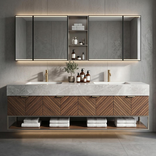 60''-96'' Double Bathroom Vanity with Sink Modern Floating Herringbone Wood Marble Texture