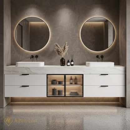 60''-96'' Double Bathroom Vanity with Sink White Modern Floating Glass Doors Marble