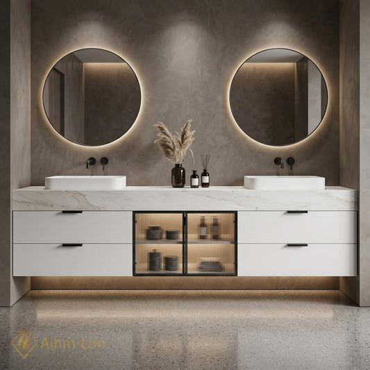 60''-96'' Double Bathroom Vanity with Sink White Modern Floating Glass Doors Marble