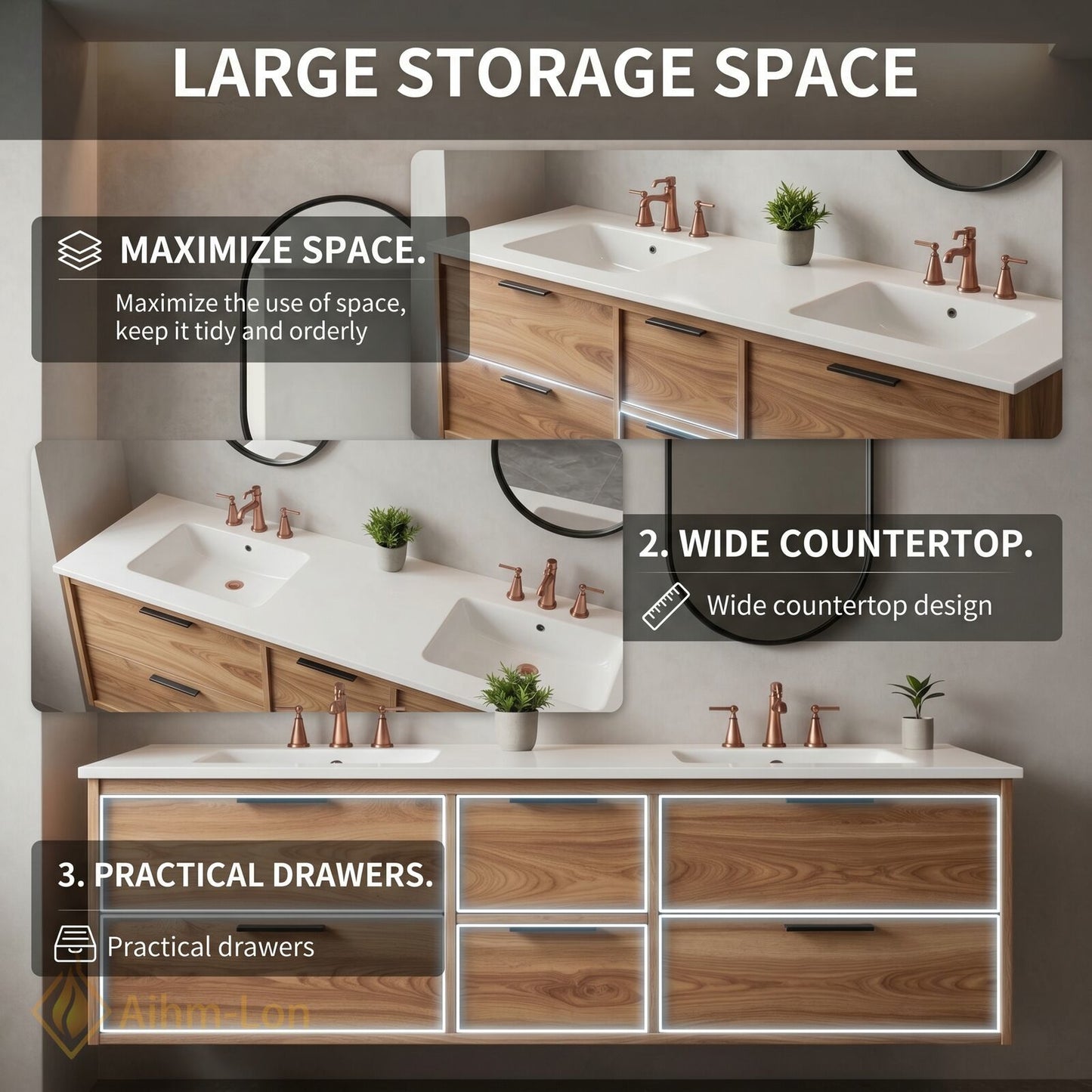 60''-96'' Modern Bathroom Vanity with Sink Oak Wood Grain Floating Drawers Countertop