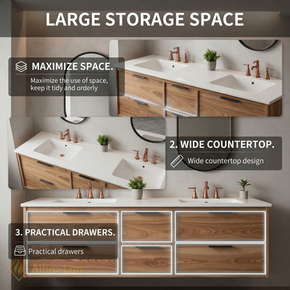 60''-96'' Modern Bathroom Vanity with Sink Oak Wood Grain Floating Drawers Countertop
