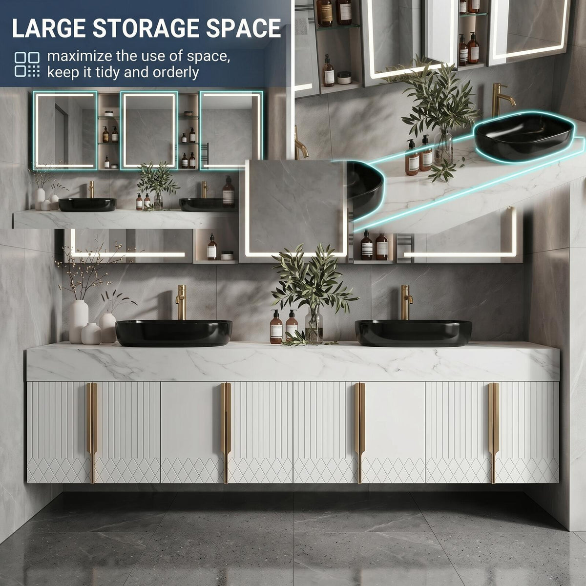 60''-96'' Double Bathroom Vanity with Sink Floating White Marble-Effect Vertical Grooves Glass