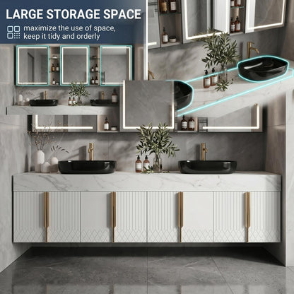 60''-96'' Double Bathroom Vanity with Sink Floating White Marble-Effect Vertical Grooves Glass