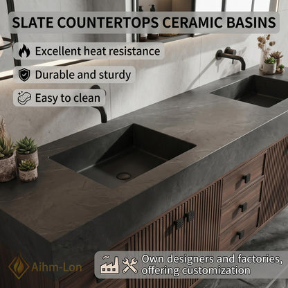 76''-96'' Double Bathroom Vanity with Sink Dual Basins Dark Walnut Spacious Organization