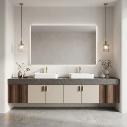 60''-96'' Double Bathroom Vanity with Sink Grey Modern Stone-Top Slatted Wood Panels