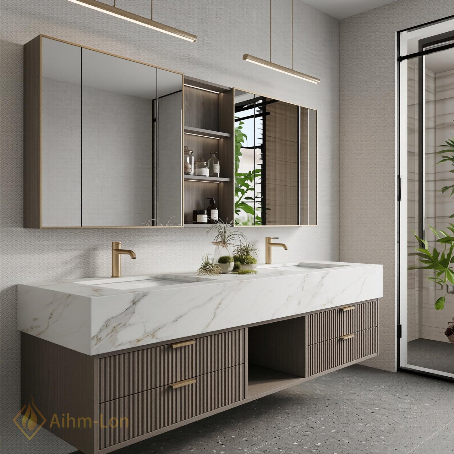 60''-96'' Double Bathroom Vanity with Sink Modern Floating Open Shelving Storage Two