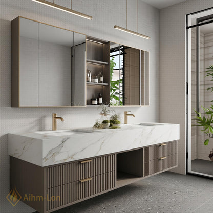 60''-96'' Double Bathroom Vanity with Sink Modern Floating Open Shelving Storage Two