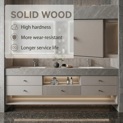 60''-96'' Modern Bathroom Vanity with Sink Double Sink Grey Stone Slatted Divider Mirror Cabinet