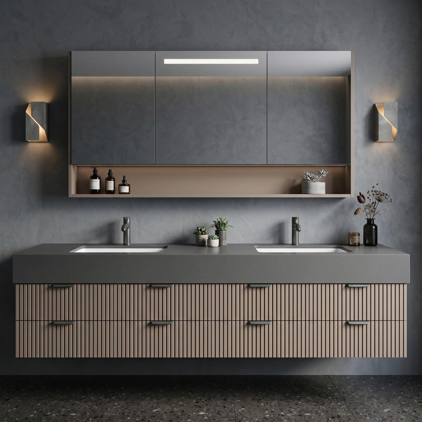 70''-96'' Modern Bathroom Vanity with Sink Floating Vertical Slatted Panels Open Shelf Cabinet