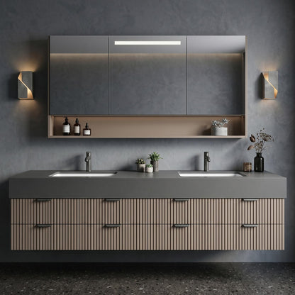 70''-96'' Modern Bathroom Vanity with Sink Floating Vertical Slatted Panels Open Shelf Cabinet