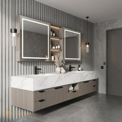 70''-96'' Double Bathroom Vanity with Sink Vertical Slatted Front White Marble Top