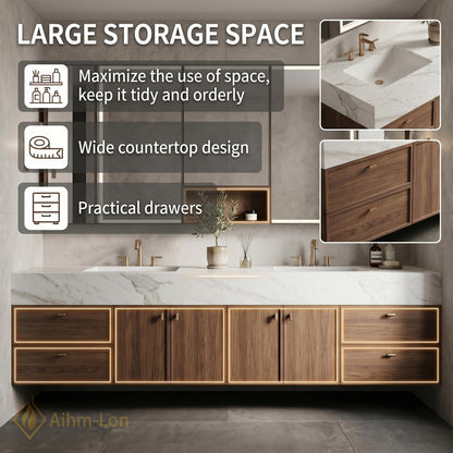 76''-96'' Double Bathroom Vanity with Sink Natural Wood Grain Center Open Shelving