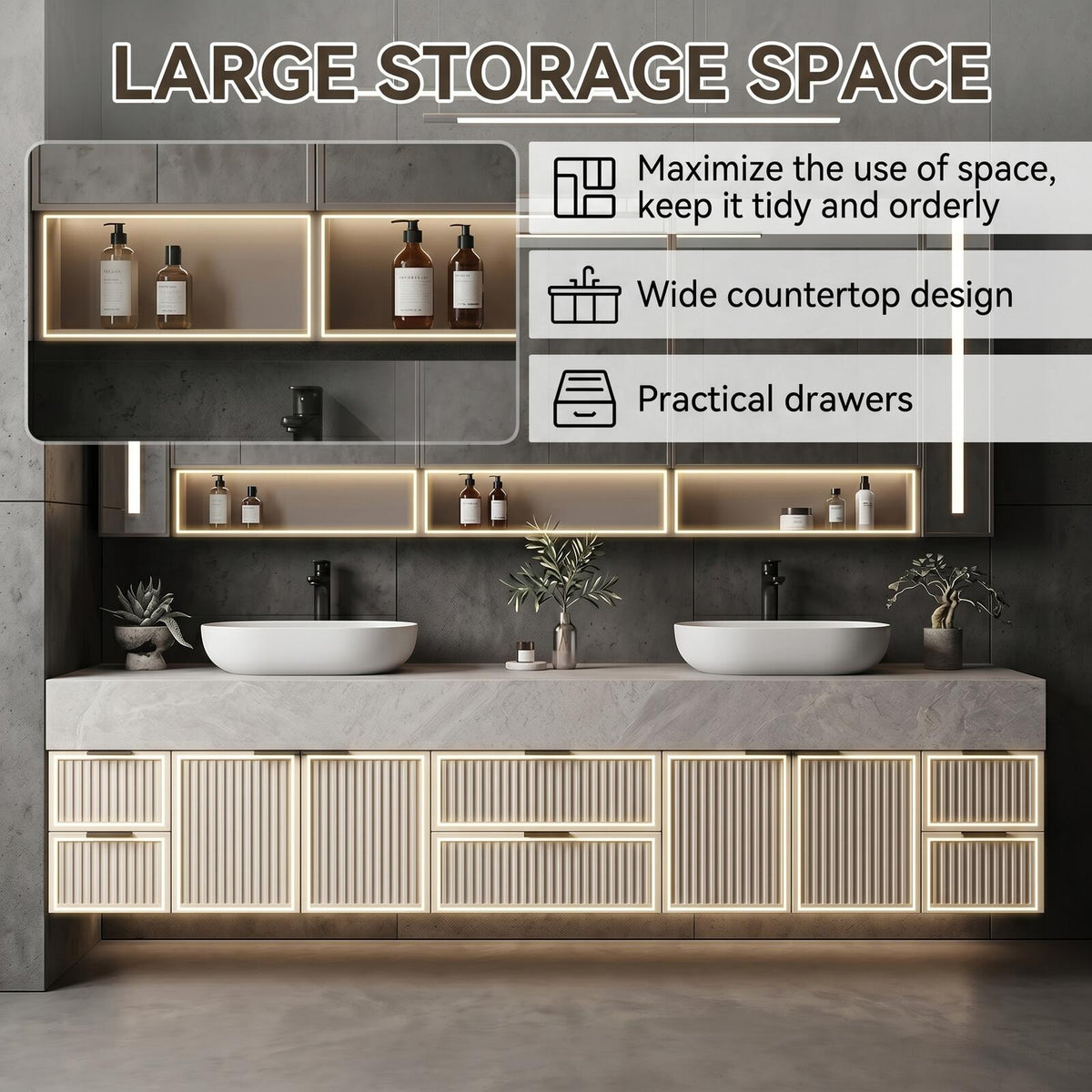 60''-96'' Double Bathroom Vanity with Sink Modern Floating Cream Slatted Doors Dual Basins