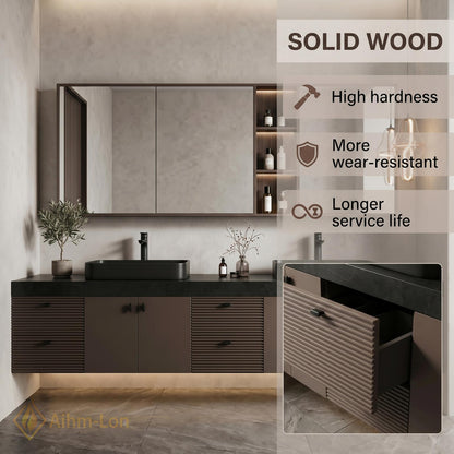 70''-96'' Modern Double Bathroom Vanity with Sink Floating Slatted Front Dark Finish