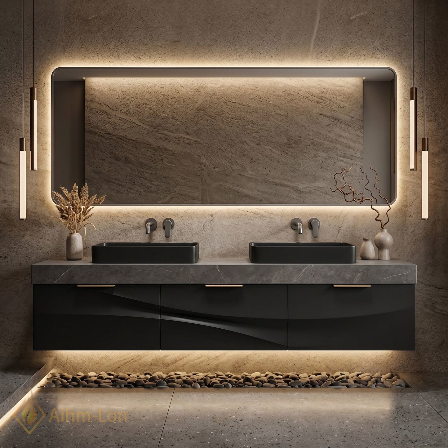 60''-96'' Double Bathroom Vanity with Sink Grey-Marble Grey Floating Wave Design Texture