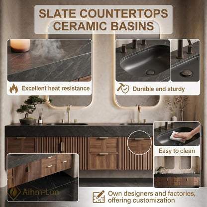 76''-96'' Double Bathroom Vanity with Sink Dark-Wood Modern Floating Stone-Top