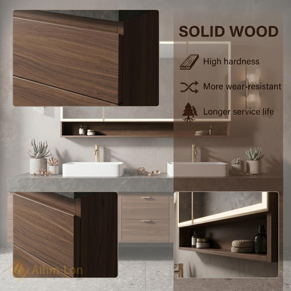78''-96'' Double Bathroom Vanity with Sink Modern Floating Dark Wood Finish Rectangular