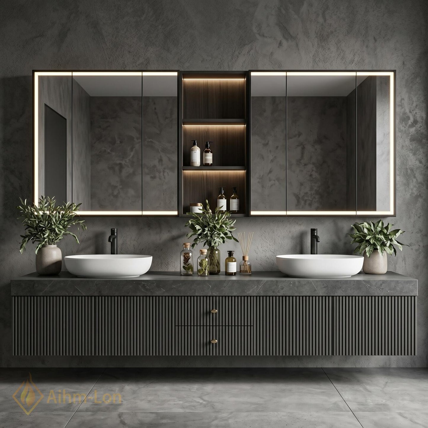 60''-96'' Modern Bathroom Vanity with Sink Floating Grey Slatted Stone Composite Drawers